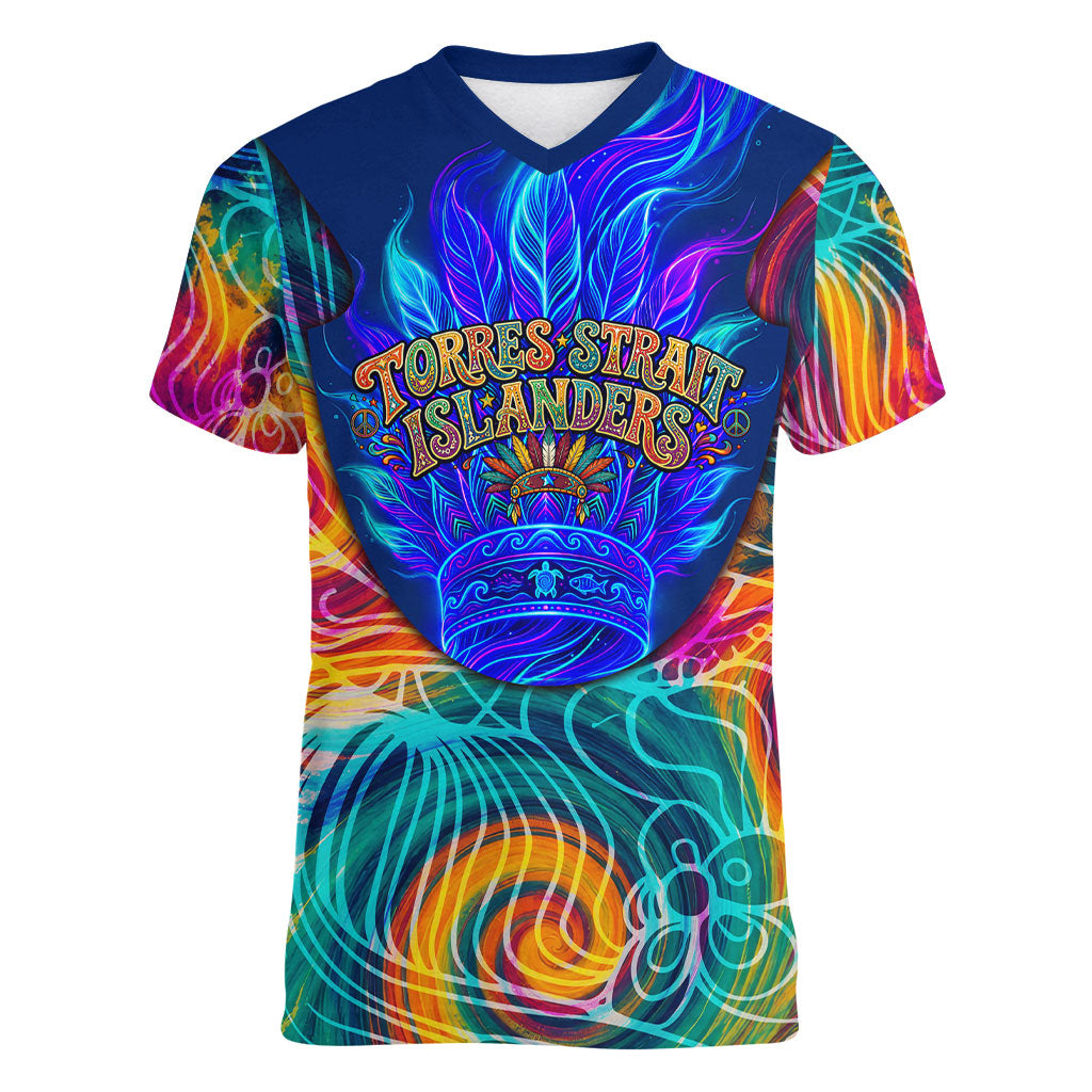 Torres Strait Islanders Sea Turtle Women V-Neck T-Shirt Indigenous Tribal Peace Art Cultural Headdress Motif