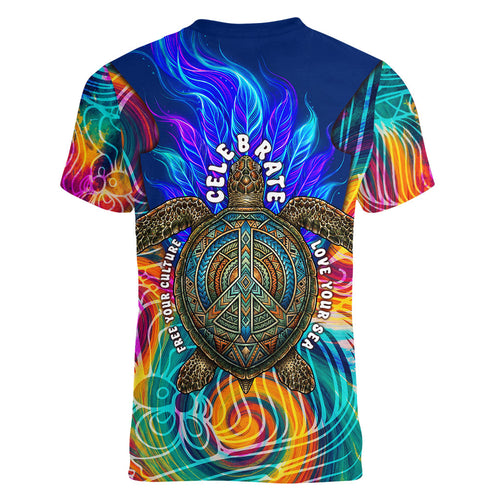 Torres Strait Islanders Sea Turtle Women V-Neck T-Shirt Indigenous Tribal Peace Art Cultural Headdress Motif