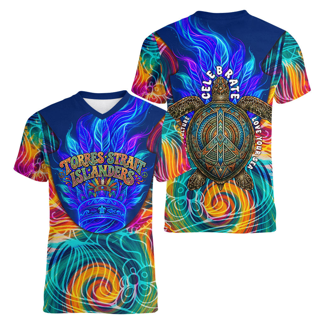 Torres Strait Islanders Sea Turtle Women V-Neck T-Shirt Indigenous Tribal Peace Art Cultural Headdress Motif