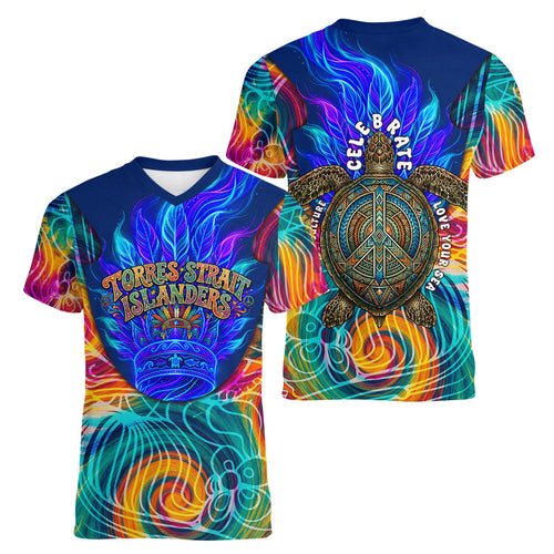 Torres Strait Islanders Sea Turtle Women V-Neck T-Shirt Indigenous Tribal Peace Art Cultural Headdress Motif