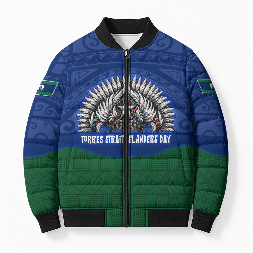 Torres Strait Islanders Day Traditional Dhari Headdress Bomber Puffer Jacket Indigenous Australian Tribal Weaving Pattern Culture