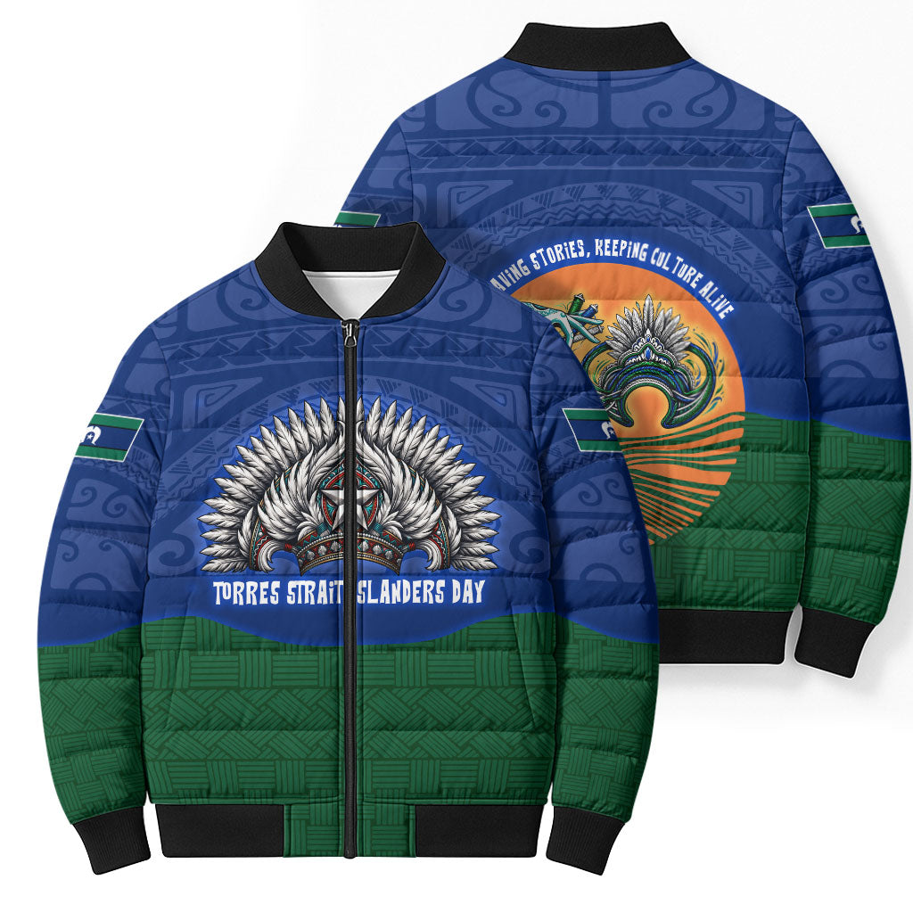 Torres Strait Islanders Day Traditional Dhari Headdress Bomber Puffer Jacket Indigenous Australian Tribal Weaving Pattern Culture