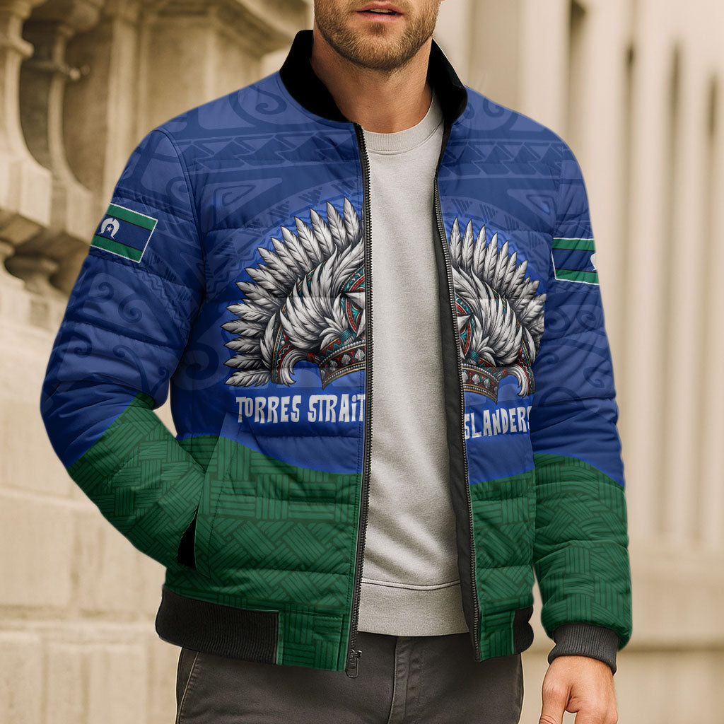 Torres Strait Islanders Day Traditional Dhari Headdress Bomber Puffer Jacket Indigenous Australian Tribal Weaving Pattern Culture