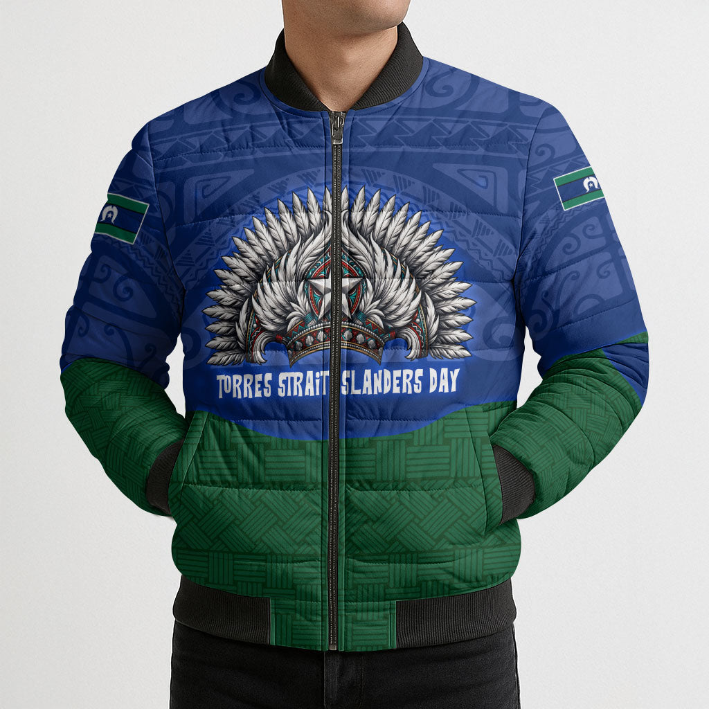 Torres Strait Islanders Day Traditional Dhari Headdress Bomber Puffer Jacket Indigenous Australian Tribal Weaving Pattern Culture