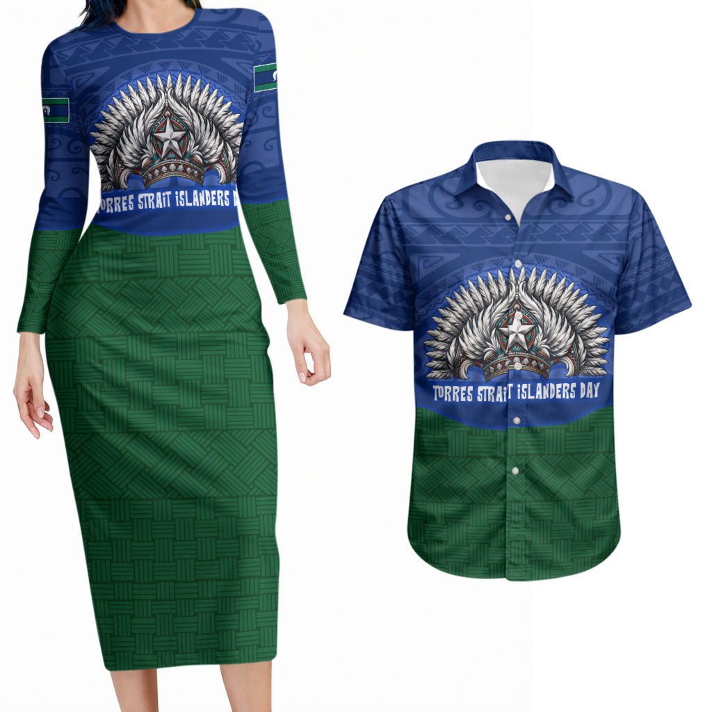 Torres Strait Islanders Day Traditional Dhari Headdress Couples Matching Long Sleeve Bodycon Dress and Hawaiian Shirt Indigenous Australian Tribal Weaving Pattern Culture