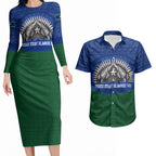 Torres Strait Islanders Day Traditional Dhari Headdress Couples Matching Long Sleeve Bodycon Dress and Hawaiian Shirt Indigenous Australian Tribal Weaving Pattern Culture
