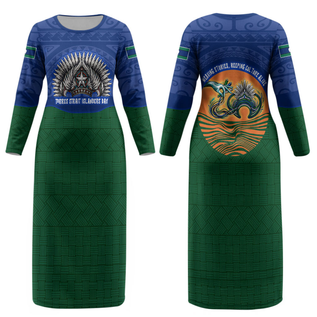 Torres Strait Islanders Day Traditional Dhari Headdress Couples Matching Long Sleeve Bodycon Dress and Hawaiian Shirt Indigenous Australian Tribal Weaving Pattern Culture