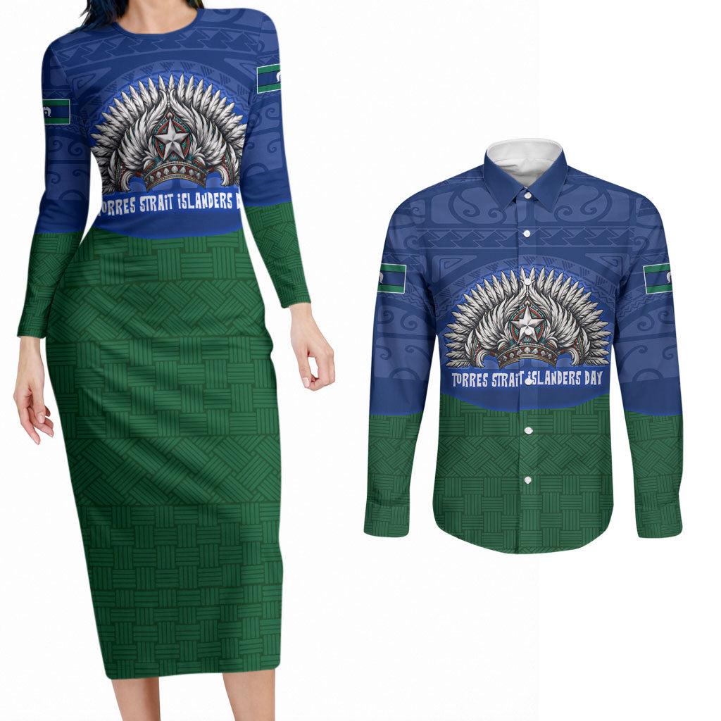 Torres Strait Islanders Day Traditional Dhari Headdress Couples Matching Long Sleeve Bodycon Dress and Long Sleeve Button Shirt Indigenous Australian Tribal Weaving Pattern Culture