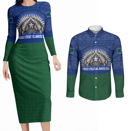 Torres Strait Islanders Day Traditional Dhari Headdress Couples Matching Long Sleeve Bodycon Dress and Long Sleeve Button Shirt Indigenous Australian Tribal Weaving Pattern Culture