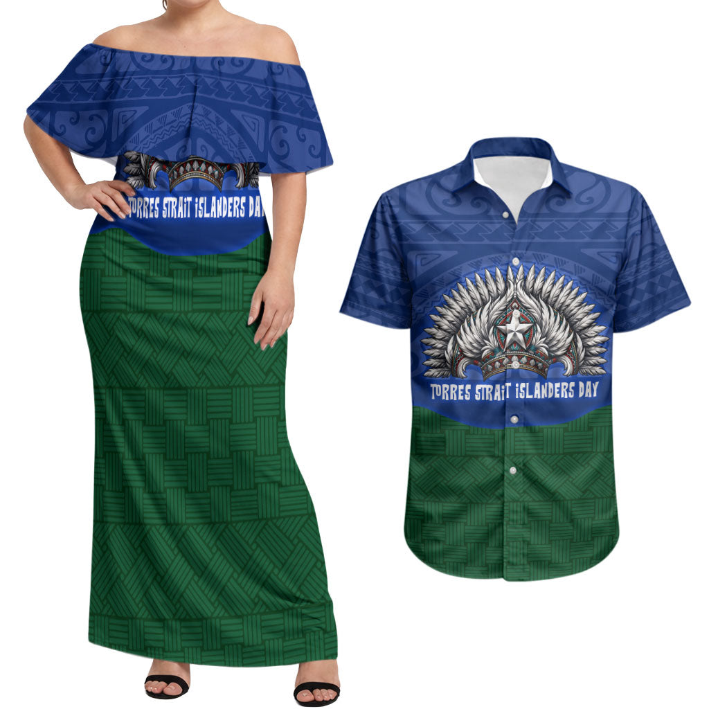 Torres Strait Islanders Day Traditional Dhari Headdress Couples Matching Off Shoulder Maxi Dress and Hawaiian Shirt Indigenous Australian Tribal Weaving Pattern Culture