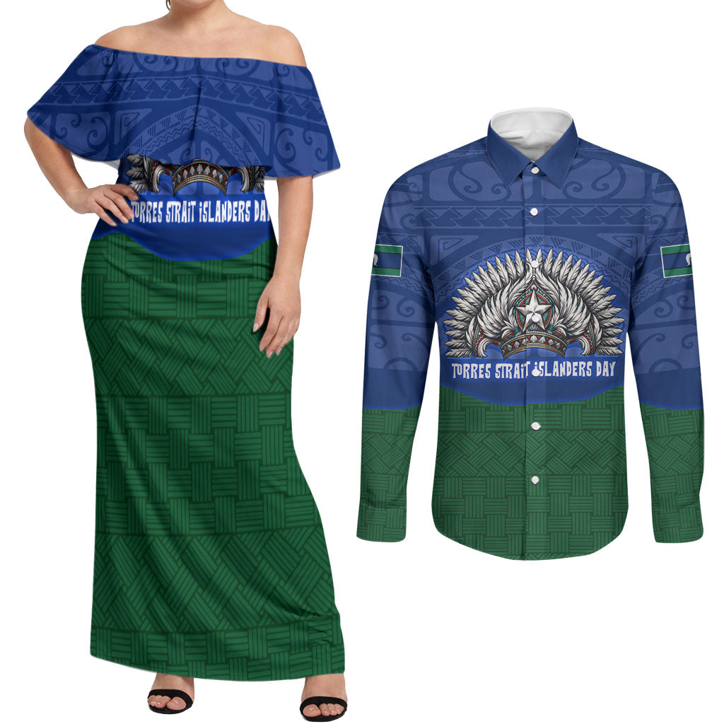 Torres Strait Islanders Day Traditional Dhari Headdress Couples Matching Off Shoulder Maxi Dress and Long Sleeve Button Shirt Indigenous Australian Tribal Weaving Pattern Culture