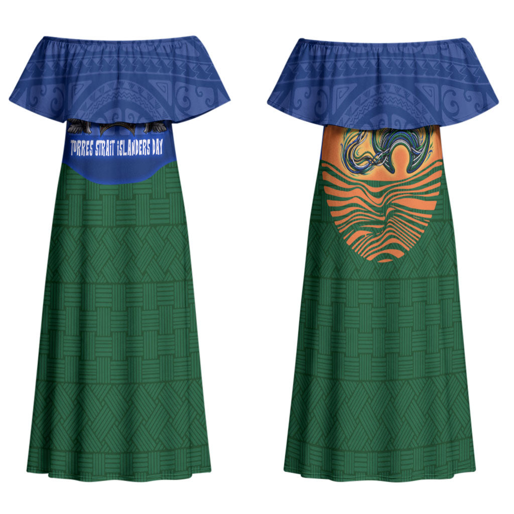 Torres Strait Islanders Day Traditional Dhari Headdress Couples Matching Off Shoulder Maxi Dress and Long Sleeve Button Shirt Indigenous Australian Tribal Weaving Pattern Culture
