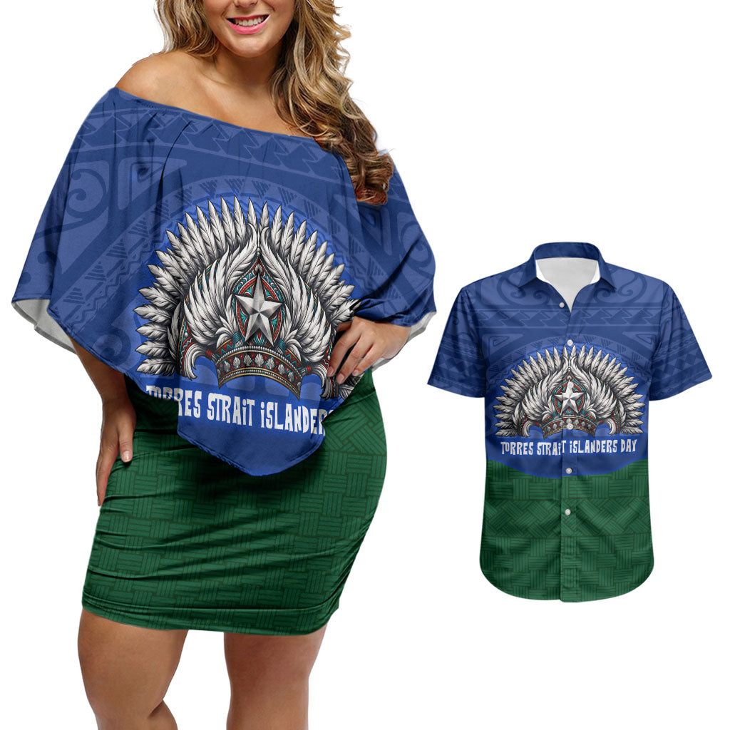 Torres Strait Islanders Day Traditional Dhari Headdress Couples Matching Off Shoulder Short Dress and Hawaiian Shirt Indigenous Australian Tribal Weaving Pattern Culture