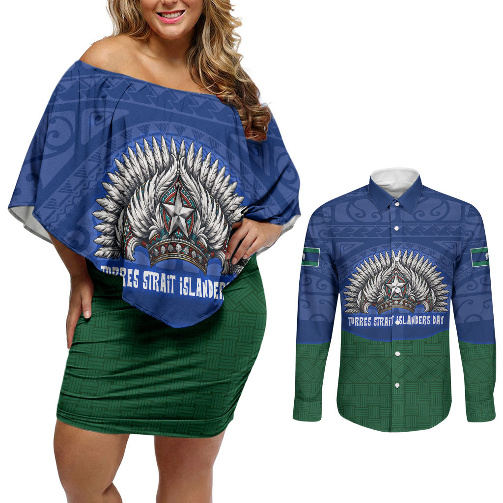 Torres Strait Islanders Day Traditional Dhari Headdress Couples Matching Off Shoulder Short Dress and Long Sleeve Button Shirt Indigenous Australian Tribal Weaving Pattern Culture