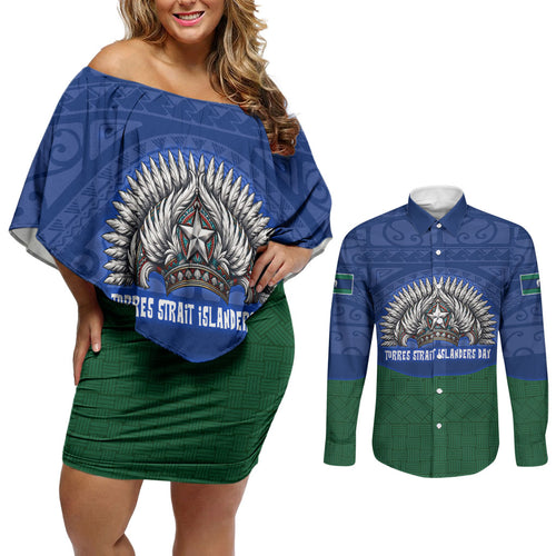 Torres Strait Islanders Day Traditional Dhari Headdress Couples Matching Off Shoulder Short Dress and Long Sleeve Button Shirt Indigenous Australian Tribal Weaving Pattern Culture