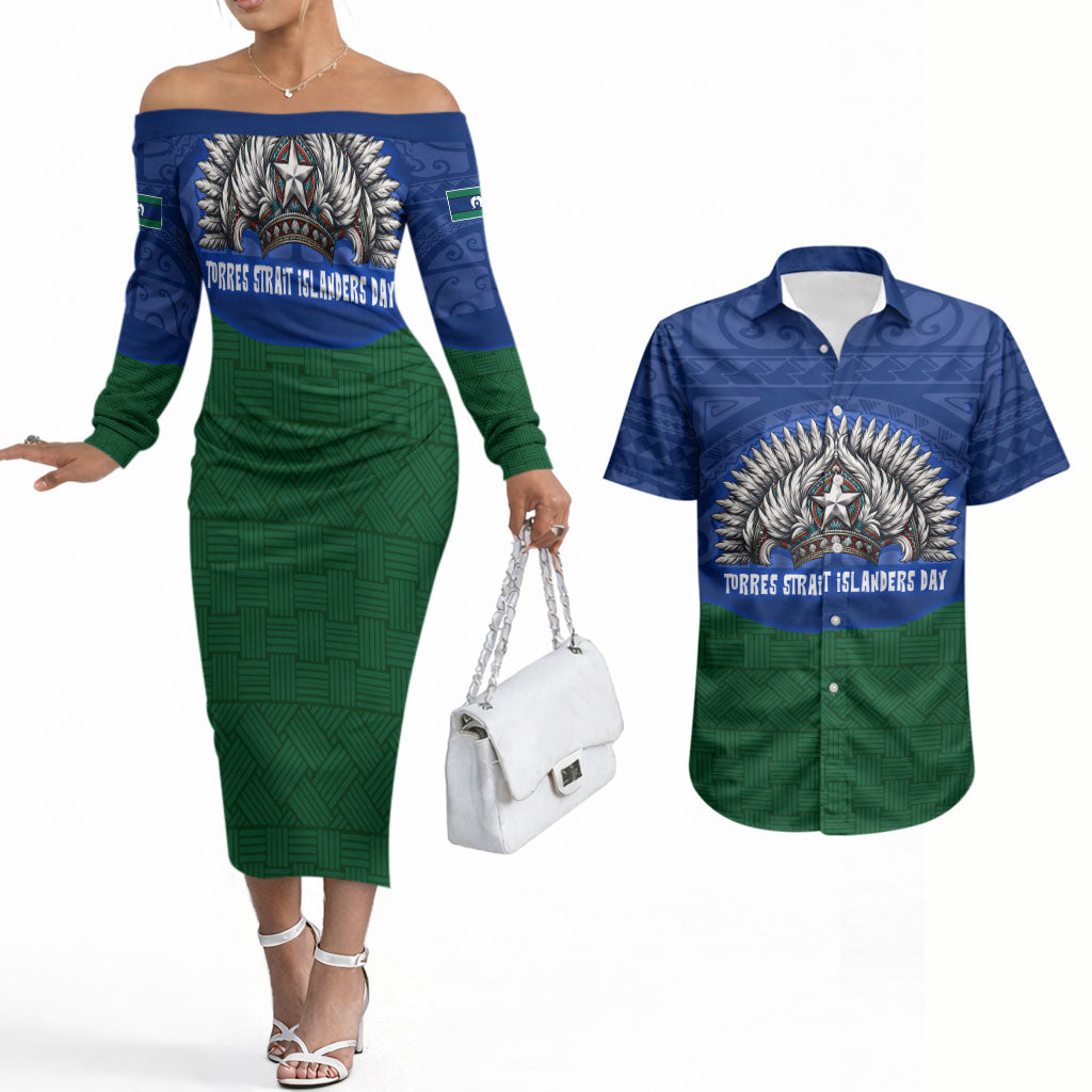 Torres Strait Islanders Day Traditional Dhari Headdress Couples Matching Off The Shoulder Long Sleeve Dress and Hawaiian Shirt Indigenous Australian Tribal Weaving Pattern Culture