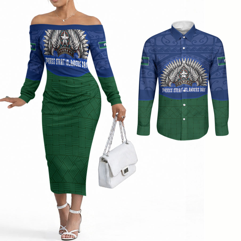 Torres Strait Islanders Day Traditional Dhari Headdress Couples Matching Off The Shoulder Long Sleeve Dress and Long Sleeve Button Shirt Indigenous Australian Tribal Weaving Pattern Culture