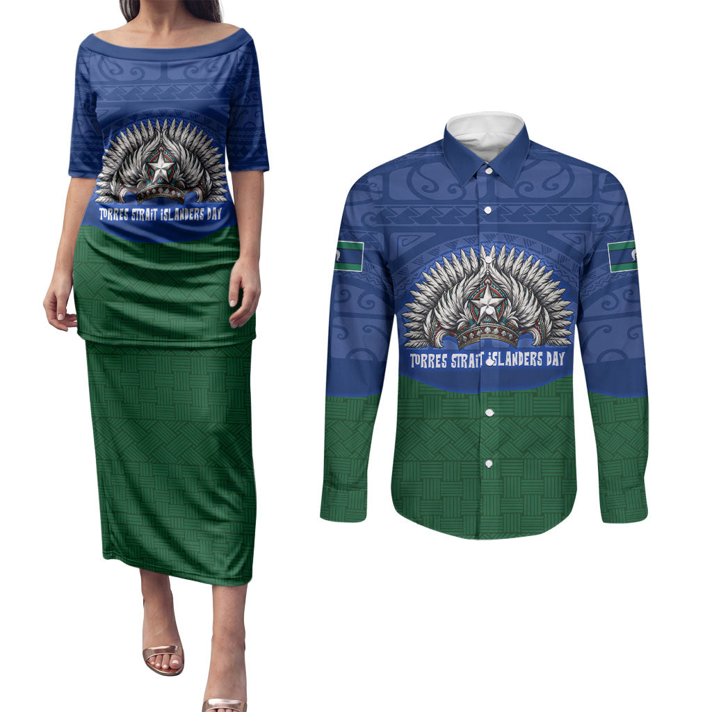 Torres Strait Islanders Day Traditional Dhari Headdress Couples Matching Puletasi and Long Sleeve Button Shirt Indigenous Australian Tribal Weaving Pattern Culture