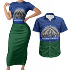 Torres Strait Islanders Day Traditional Dhari Headdress Couples Matching Short Sleeve Bodycon Dress and Hawaiian Shirt Indigenous Australian Tribal Weaving Pattern Culture