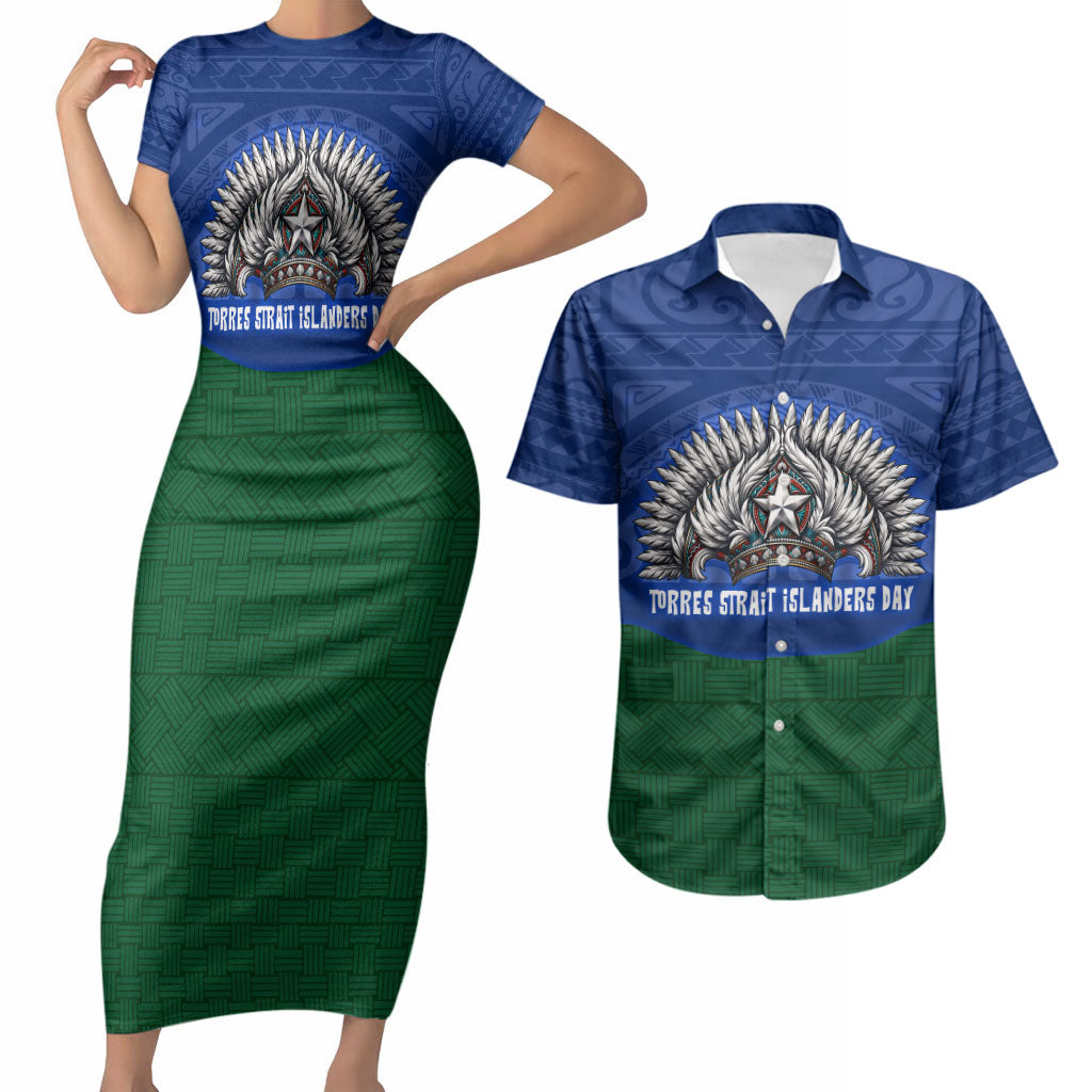 Torres Strait Islanders Day Traditional Dhari Headdress Couples Matching Short Sleeve Bodycon Dress and Hawaiian Shirt Indigenous Australian Tribal Weaving Pattern Culture
