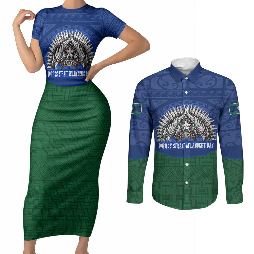 Torres Strait Islanders Day Traditional Dhari Headdress Couples Matching Short Sleeve Bodycon Dress and Long Sleeve Button Shirt Indigenous Australian Tribal Weaving Pattern Culture