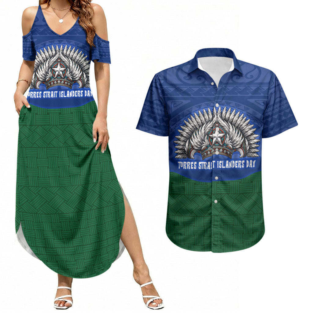 Torres Strait Islanders Day Traditional Dhari Headdress Couples Matching Summer Maxi Dress and Hawaiian Shirt Indigenous Australian Tribal Weaving Pattern Culture