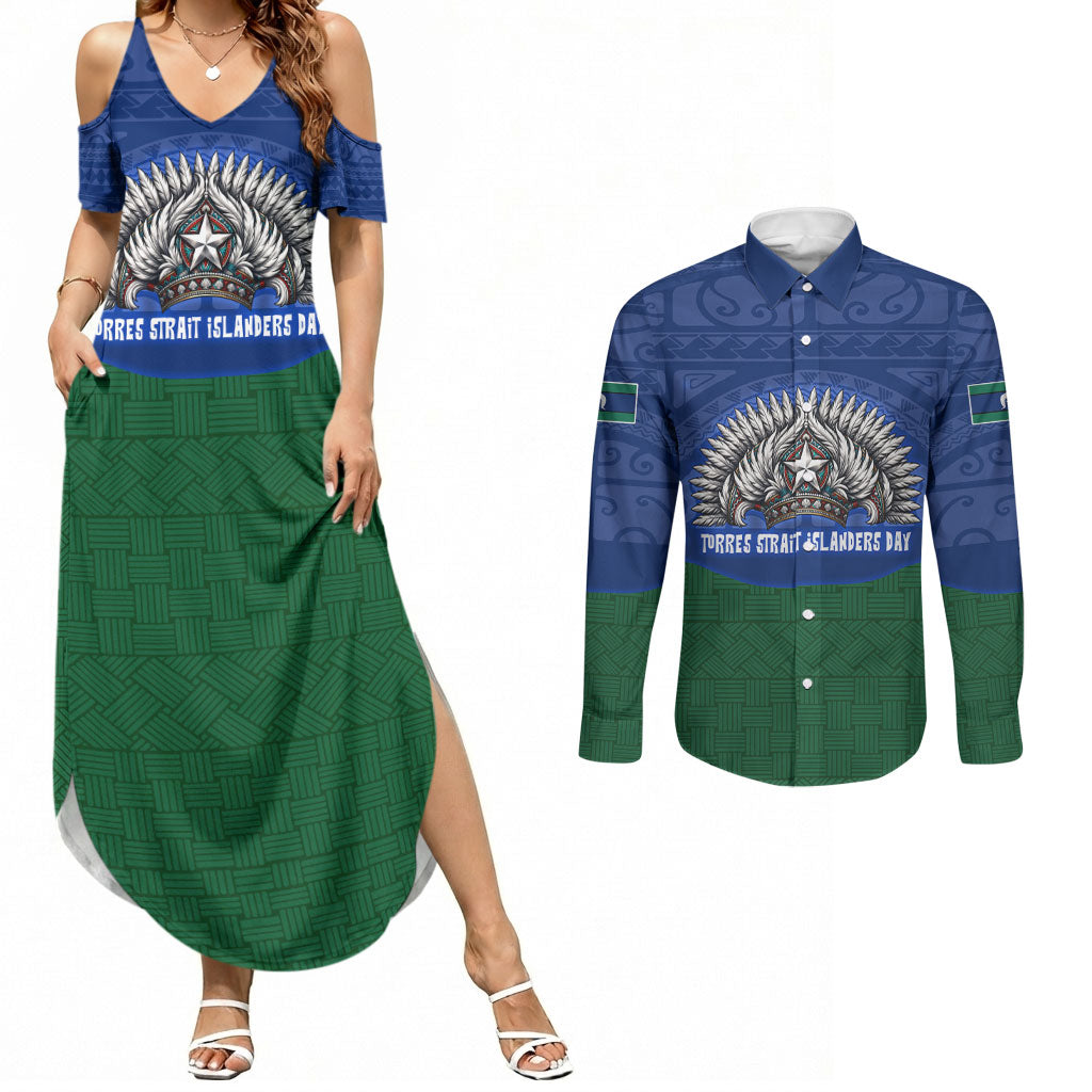 Torres Strait Islanders Day Traditional Dhari Headdress Couples Matching Summer Maxi Dress and Long Sleeve Button Shirt Indigenous Australian Tribal Weaving Pattern Culture
