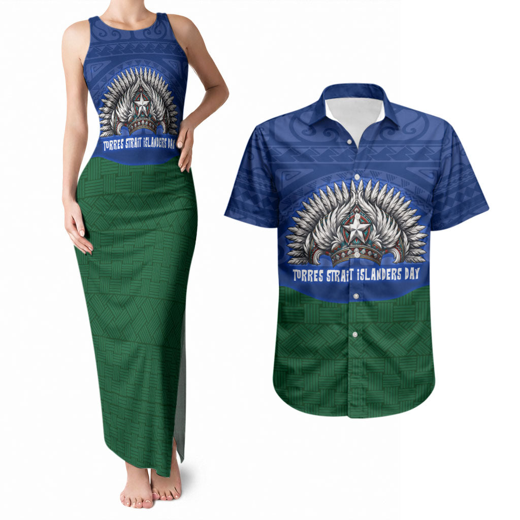 Torres Strait Islanders Day Traditional Dhari Headdress Couples Matching Tank Maxi Dress and Hawaiian Shirt Indigenous Australian Tribal Weaving Pattern Culture