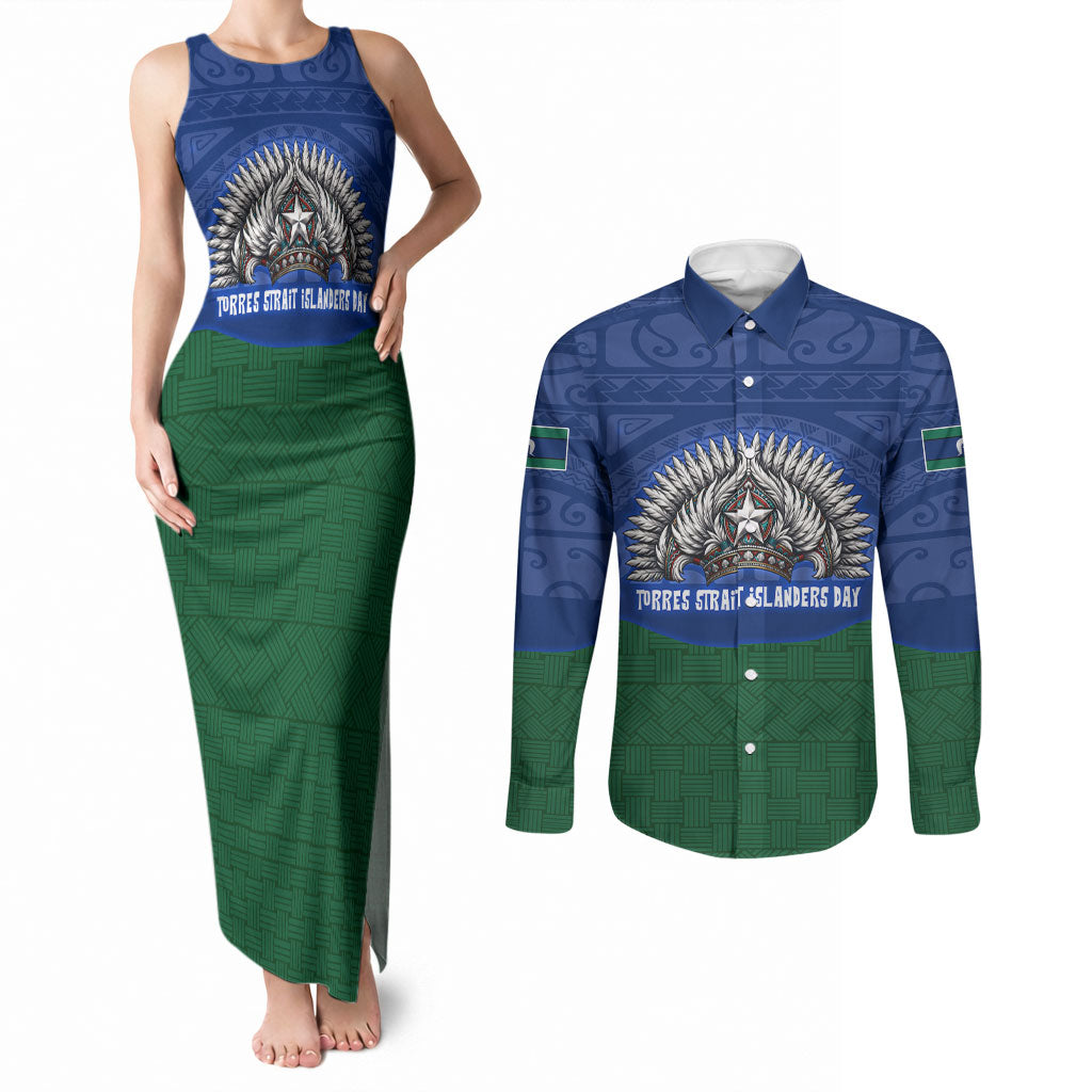 Torres Strait Islanders Day Traditional Dhari Headdress Couples Matching Tank Maxi Dress and Long Sleeve Button Shirt Indigenous Australian Tribal Weaving Pattern Culture