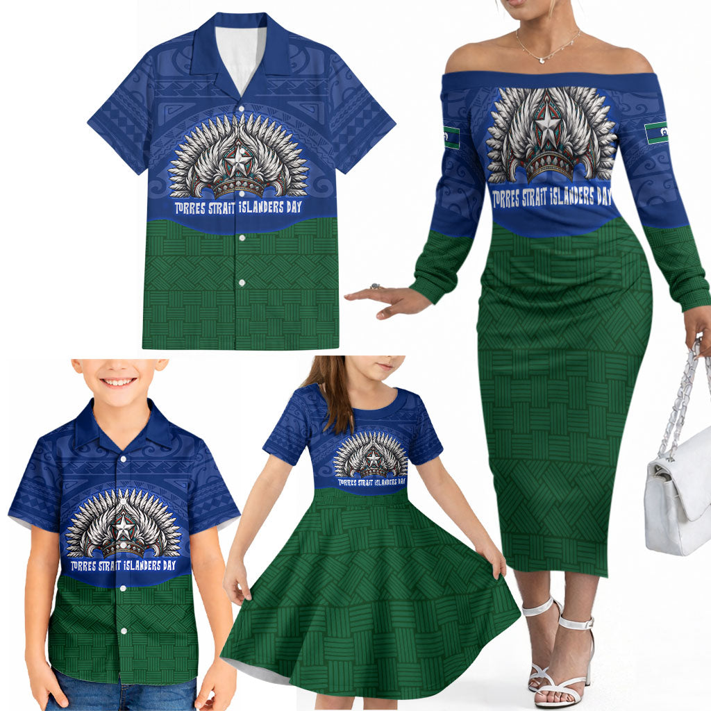 Torres Strait Islanders Day Traditional Dhari Headdress Family Matching Off The Shoulder Long Sleeve Dress and Hawaiian Shirt Indigenous Australian Tribal Weaving Pattern Culture