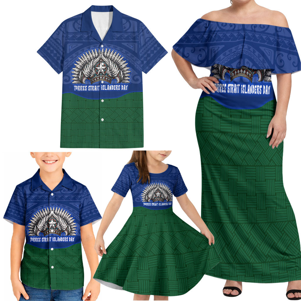 Torres Strait Islanders Day Traditional Dhari Headdress Family Matching Off Shoulder Maxi Dress and Hawaiian Shirt Indigenous Australian Tribal Weaving Pattern Culture
