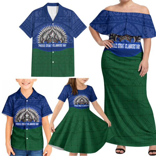 Torres Strait Islanders Day Traditional Dhari Headdress Family Matching Off Shoulder Maxi Dress and Hawaiian Shirt Indigenous Australian Tribal Weaving Pattern Culture