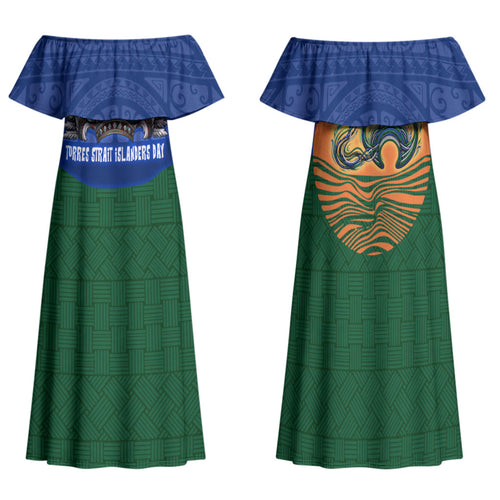 Torres Strait Islanders Day Traditional Dhari Headdress Family Matching Off Shoulder Maxi Dress and Hawaiian Shirt Indigenous Australian Tribal Weaving Pattern Culture