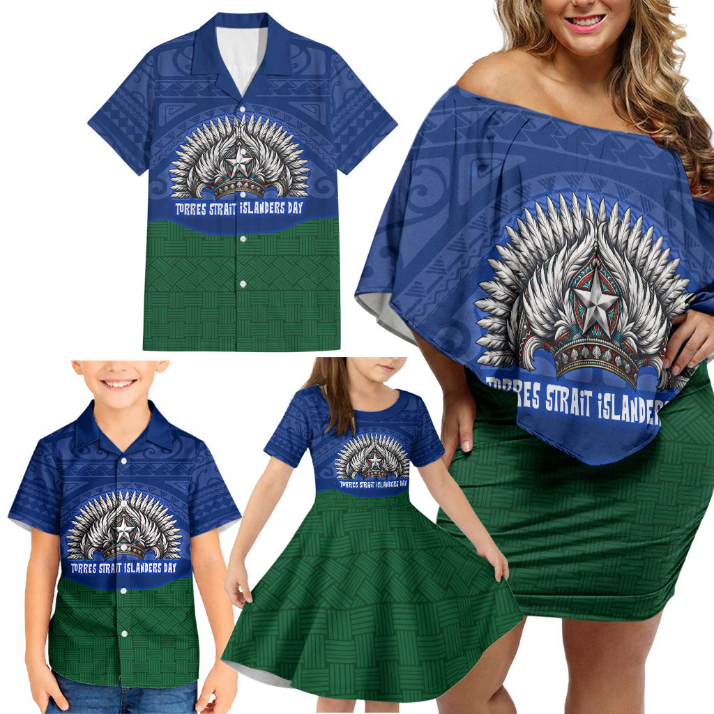 Torres Strait Islanders Day Traditional Dhari Headdress Family Matching Off Shoulder Short Dress and Hawaiian Shirt Indigenous Australian Tribal Weaving Pattern Culture