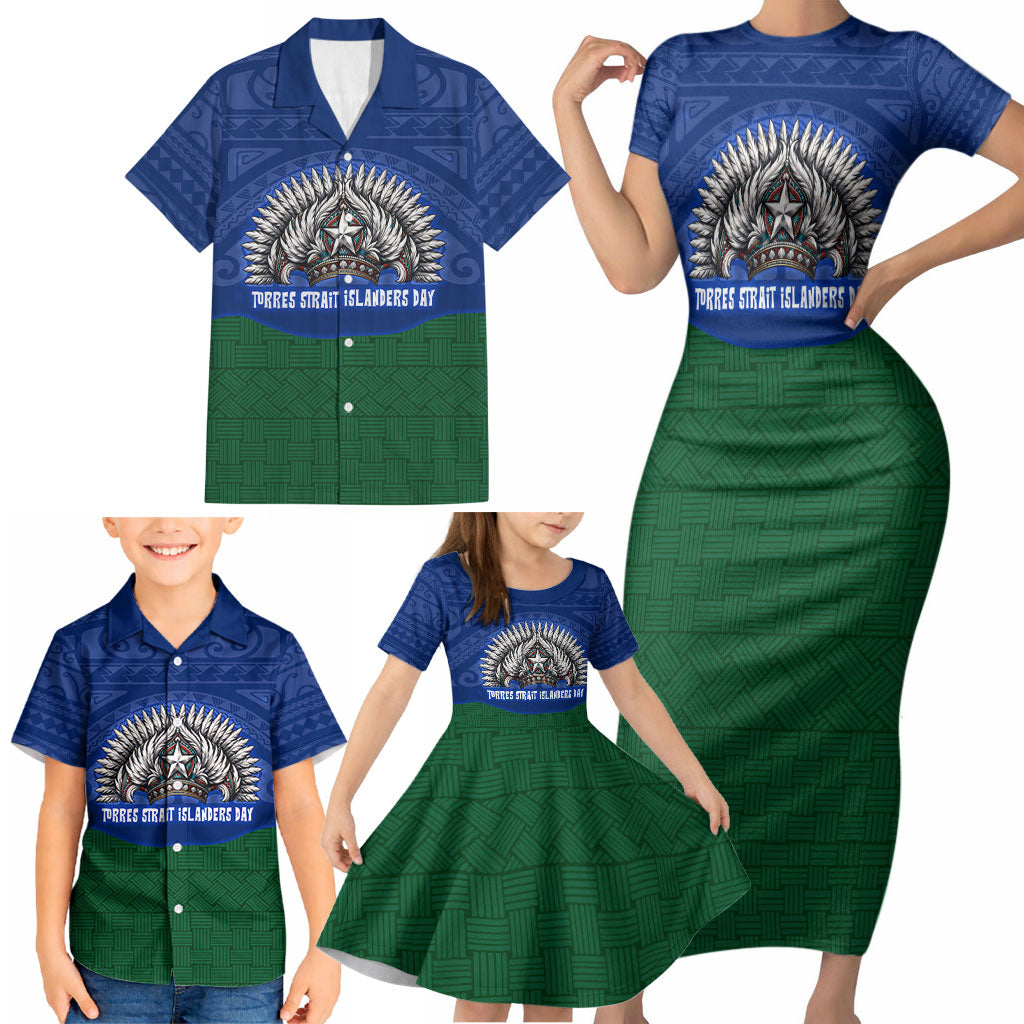 Torres Strait Islanders Day Traditional Dhari Headdress Family Matching Short Sleeve Bodycon Dress and Hawaiian Shirt Indigenous Australian Tribal Weaving Pattern Culture