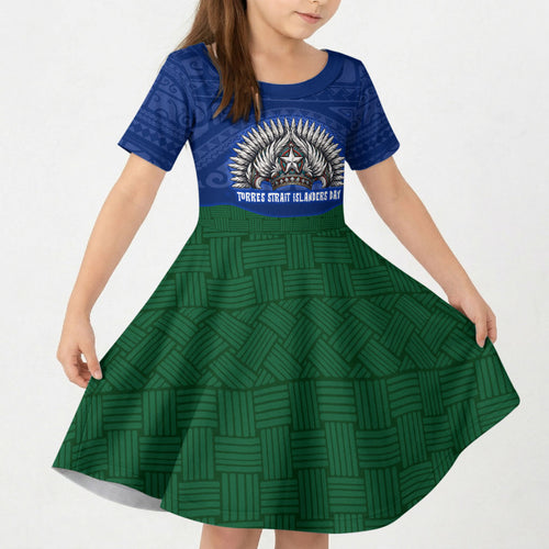 Torres Strait Islanders Day Traditional Dhari Headdress Kid Short Sleeve Dress Indigenous Australian Tribal Weaving Pattern Culture