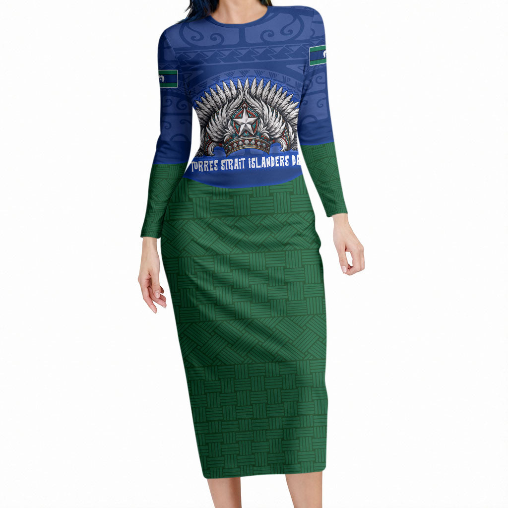 Torres Strait Islanders Day Traditional Dhari Headdress Long Sleeve Bodycon Dress Indigenous Australian Tribal Weaving Pattern Culture