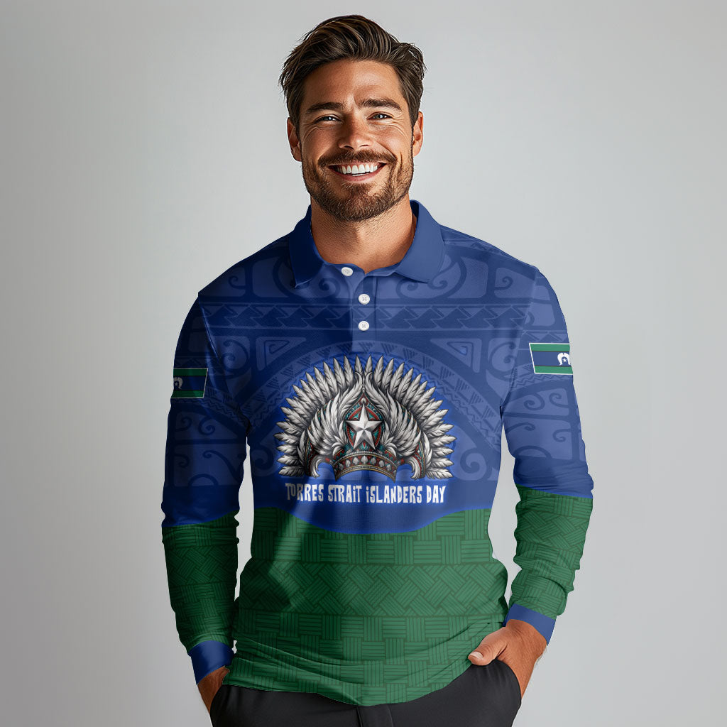 Torres Strait Islanders Day Traditional Dhari Headdress Long Sleeve Polo Shirt Indigenous Australian Tribal Weaving Pattern Culture