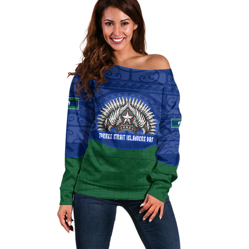 Torres Strait Islanders Day Traditional Dhari Headdress Off Shoulder Sweater Indigenous Australian Tribal Weaving Pattern Culture