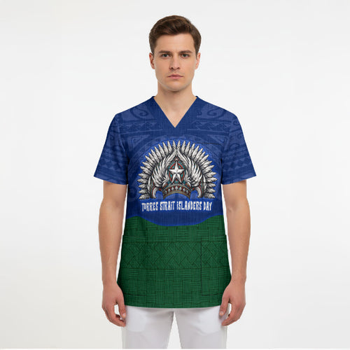 Torres Strait Islanders Day Traditional Dhari Headdress Scrub Top Indigenous Australian Tribal Weaving Pattern Culture