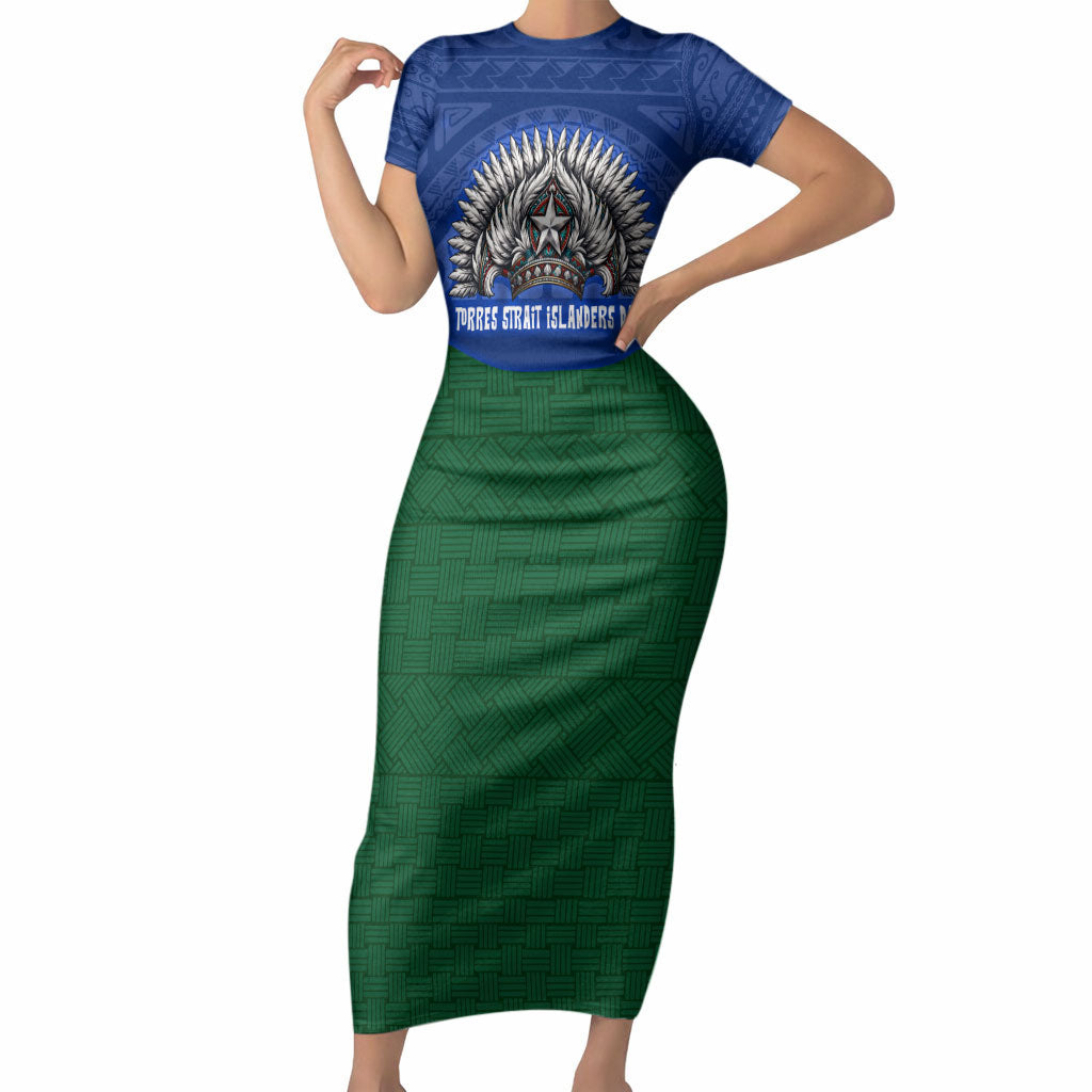 Torres Strait Islanders Day Traditional Dhari Headdress Short Sleeve Bodycon Dress Indigenous Australian Tribal Weaving Pattern Culture