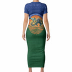 Torres Strait Islanders Day Traditional Dhari Headdress Short Sleeve Bodycon Dress Indigenous Australian Tribal Weaving Pattern Culture
