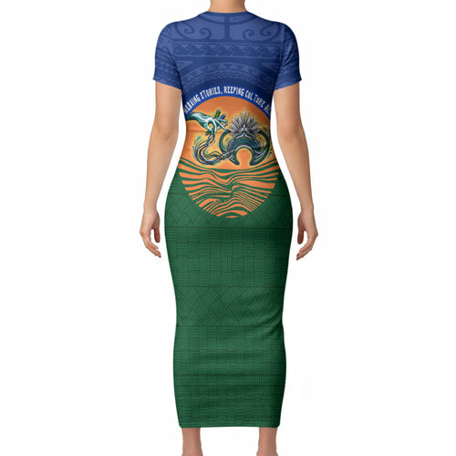 Torres Strait Islanders Day Traditional Dhari Headdress Short Sleeve Bodycon Dress Indigenous Australian Tribal Weaving Pattern Culture