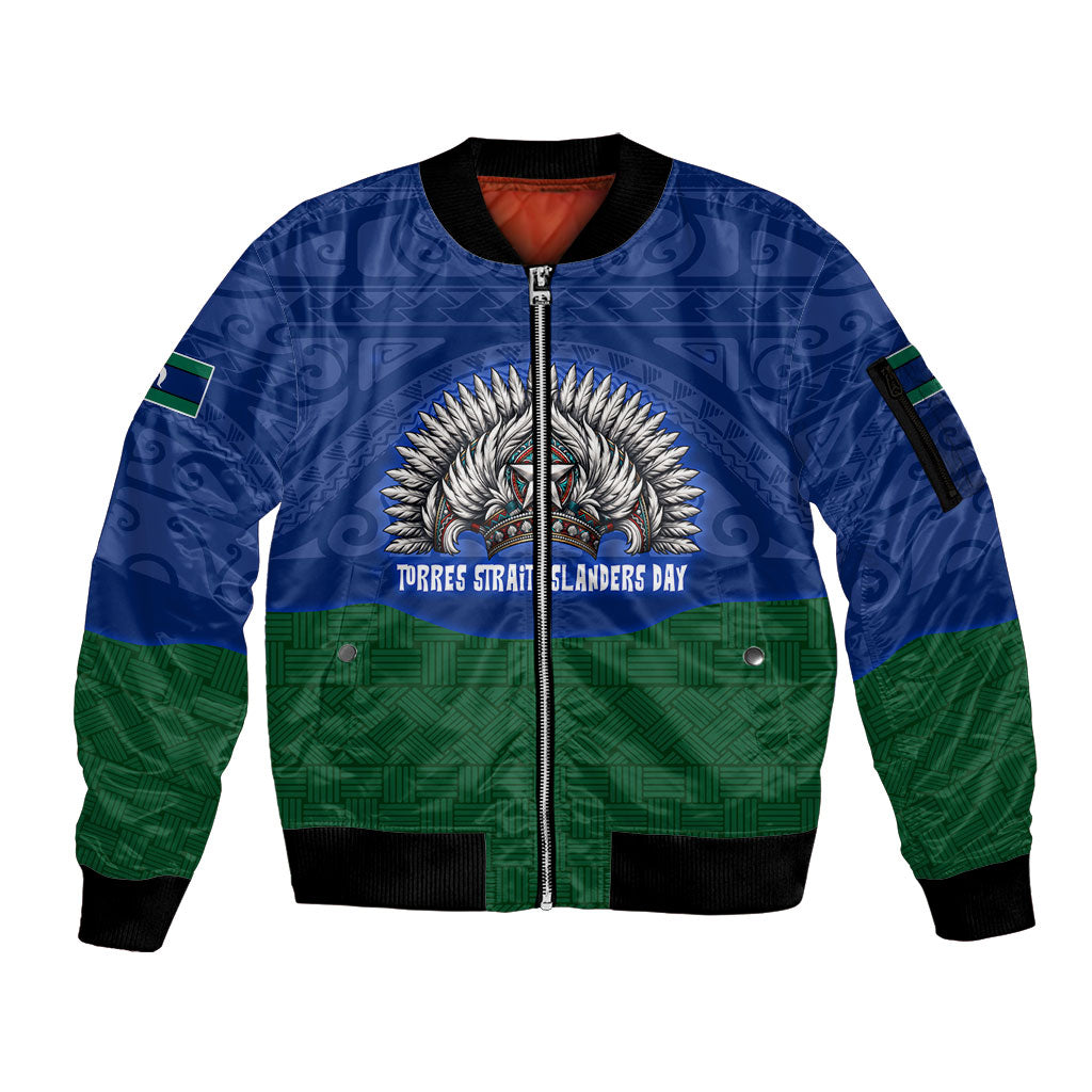 Torres Strait Islanders Day Traditional Dhari Headdress Sleeve Zip Bomber Jacket Indigenous Australian Tribal Weaving Pattern Culture