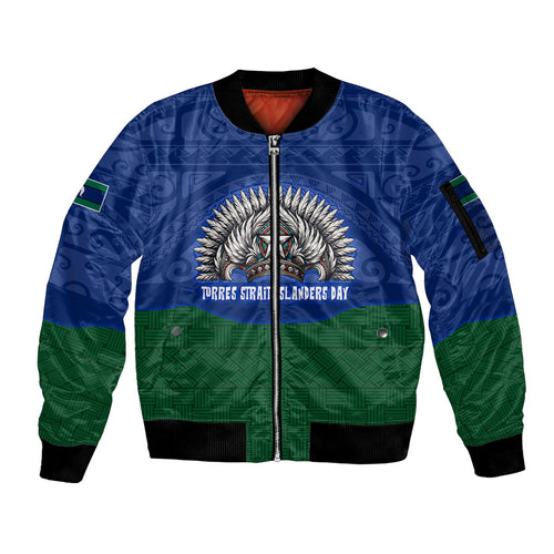 Torres Strait Islanders Day Traditional Dhari Headdress Sleeve Zip Bomber Jacket Indigenous Australian Tribal Weaving Pattern Culture