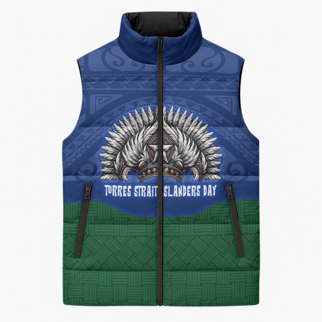 Torres Strait Islanders Day Traditional Dhari Headdress Sleeveless Puffer Jacket Indigenous Australian Tribal Weaving Pattern Culture