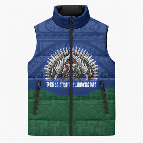Torres Strait Islanders Day Traditional Dhari Headdress Sleeveless Puffer Jacket Indigenous Australian Tribal Weaving Pattern Culture