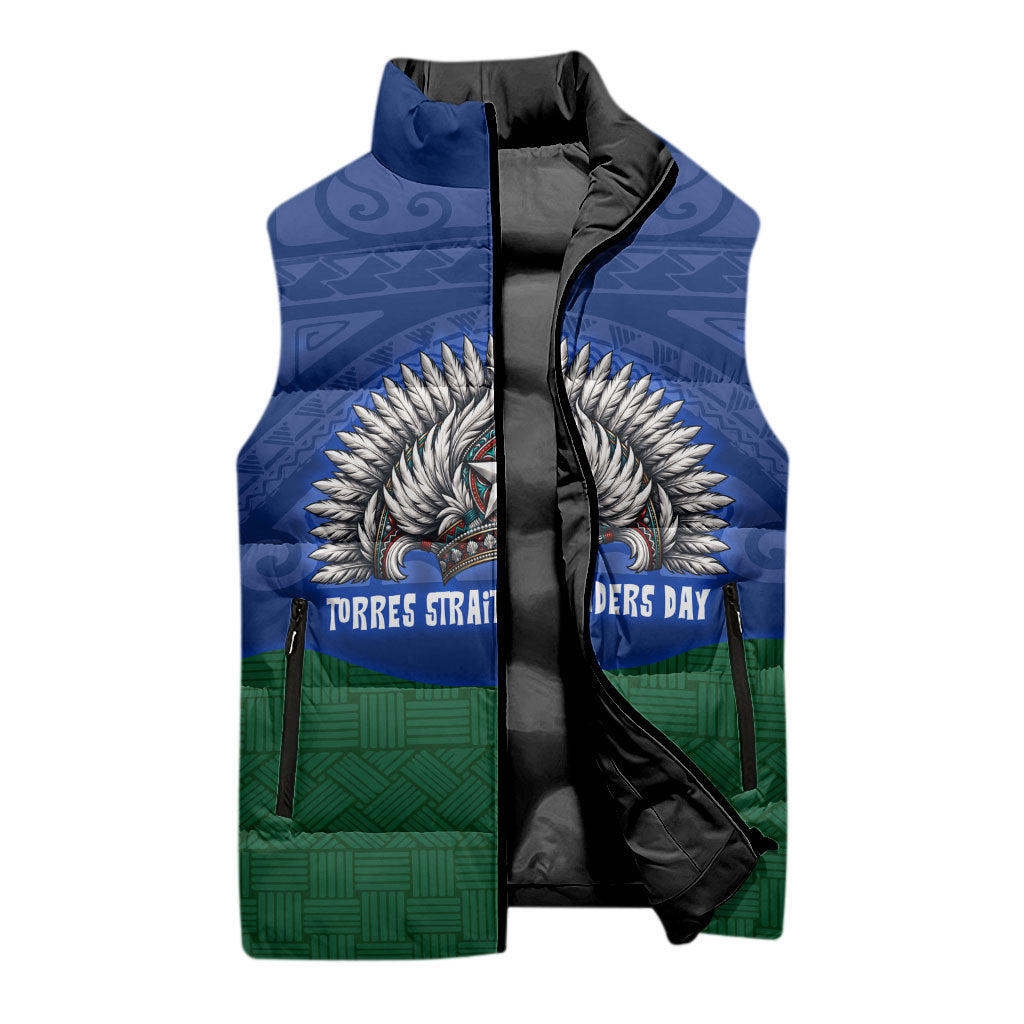 Torres Strait Islanders Day Traditional Dhari Headdress Sleeveless Puffer Jacket Indigenous Australian Tribal Weaving Pattern Culture