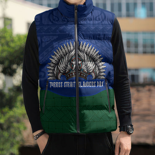 Torres Strait Islanders Day Traditional Dhari Headdress Sleeveless Puffer Jacket Indigenous Australian Tribal Weaving Pattern Culture