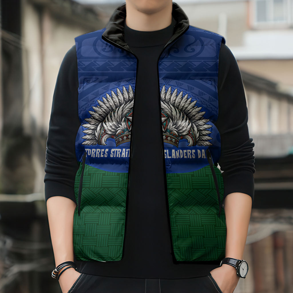 Torres Strait Islanders Day Traditional Dhari Headdress Sleeveless Puffer Jacket Indigenous Australian Tribal Weaving Pattern Culture